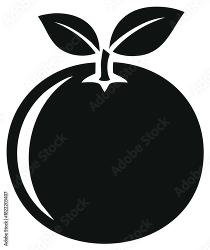 Stylized silhouette of a ripe orange with two green leaves on a stem