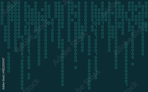 A digital rain of binary code in shades of teal cascading down a dark teal background creating a matrix effect