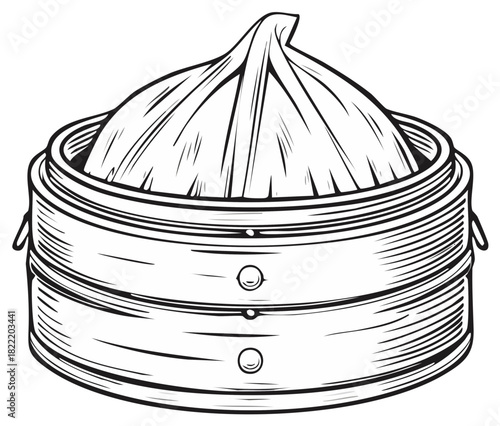 Traditional Chinese Bamboo Steamer Basket Filled with Dumplings Line Art