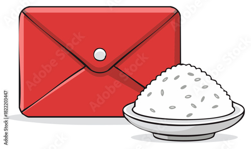 Traditional red envelope and a bowl of white rice symbolizing prosperity and culture