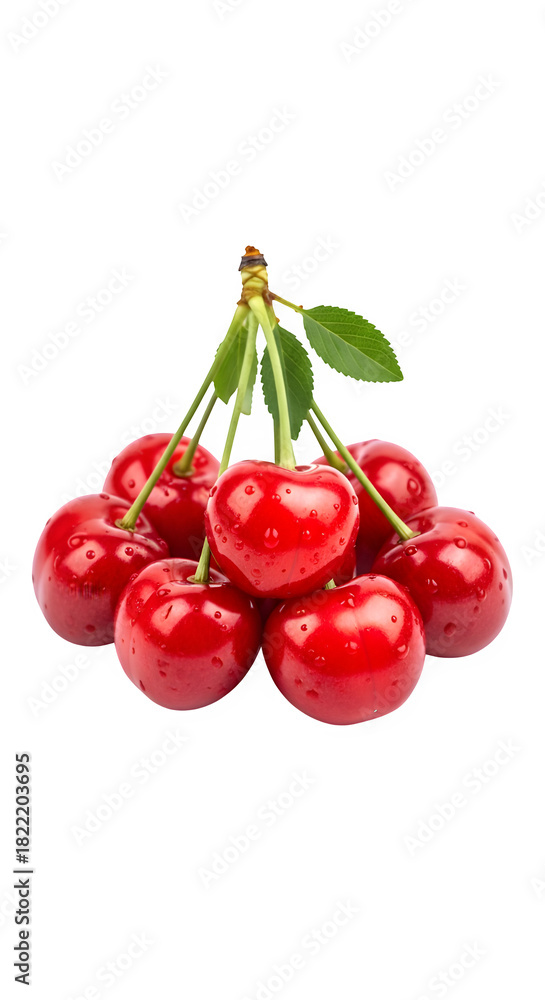Obraz premium Fresh red cherries with green stems and a leaf, ripe and juicy, isolated on transparent background