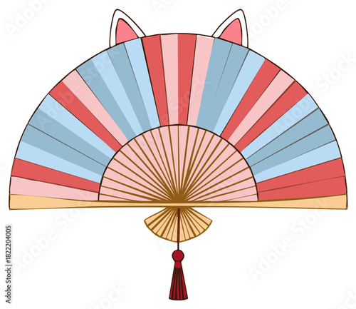 Cute Asian folding fan with kawaii cat ears and a striped pattern vector illustration