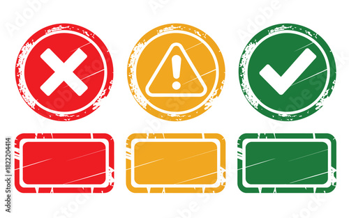 A set of six distressed icons showing a red x, yellow warning, and green checkmark in circle and rectangle shapes