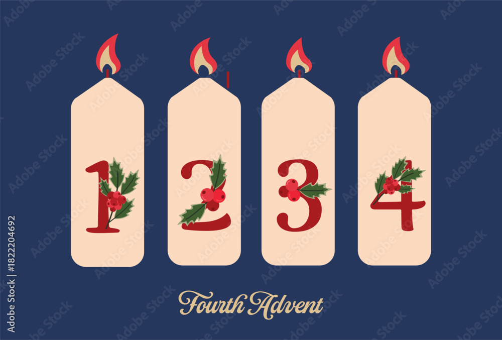 Obraz premium Four burning candles with numbers 1 to 4 decorated with holly leaves. Flat vector illustration. Fourth Advent Sunday celebration.