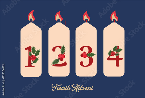Four burning candles with numbers 1 to 4 decorated with holly leaves. Flat vector illustration. Fourth Advent Sunday celebration.