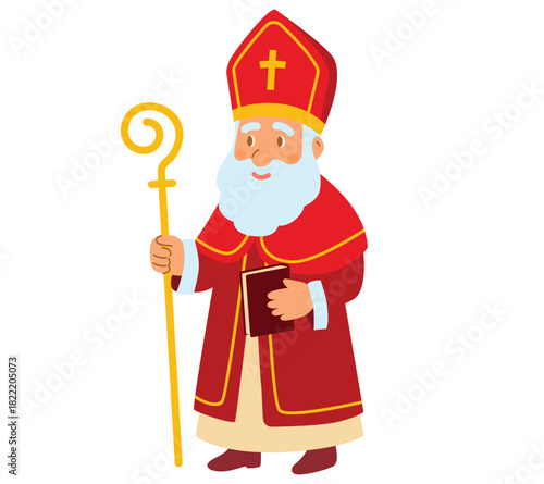 Saint Nicholas holding a golden crozier and a book, dressed in traditional red bishop robe and mitre. Flat vector illustration isolated on white background. Saint Nicholas Day celebration