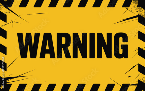 A yellow warning sign with black stripes and the word warning in black letters with a grunge effect