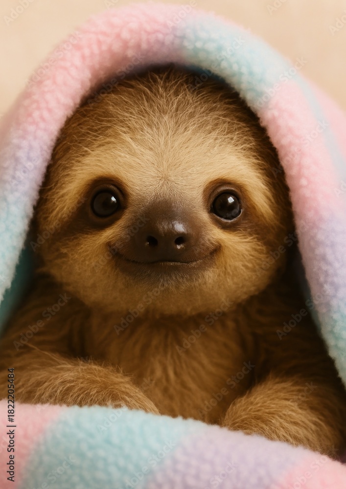 Fototapeta premium Adorable sloth wrapped in blanket