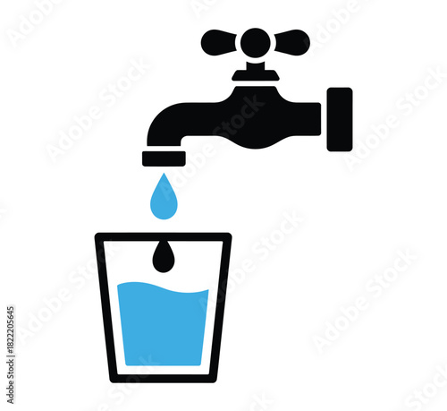 A black faucet dispenses a drop of blue water into a clear glass filled with blue liquid.