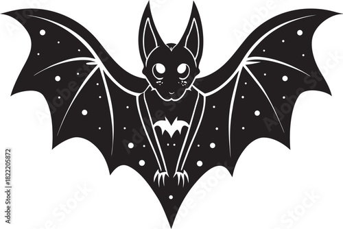 Stylized black flying bat illustration with decorative white dots