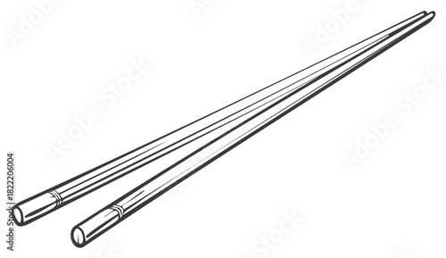 A pair of traditional Asian chopsticks in a black and white line art vector illustration style