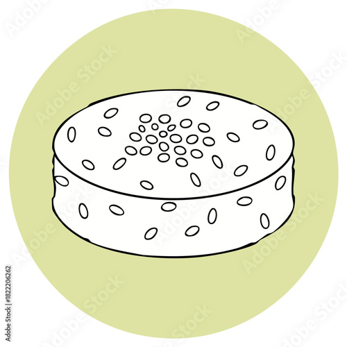 Round puffed rice cake with sesame seeds minimalist line art icon illustration