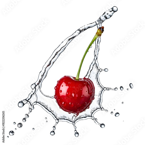 Vibrant red cherry with dynamic water splash, capturing freshness and movement, isolated on transparent background