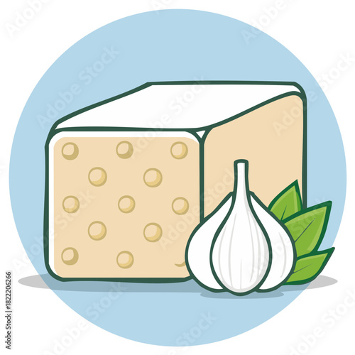 Flat illustration of a cheese block and garlic cloves with green leaves