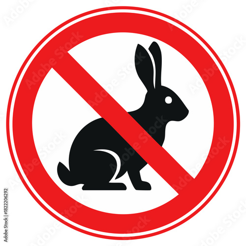 No rabbits sign warning symbol with black silhouette of a rabbit inside a red circle with a diagonal red line across it