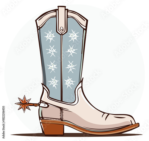 Classic Cowboy Boot Illustration with Ornate Spur and Western Styling
