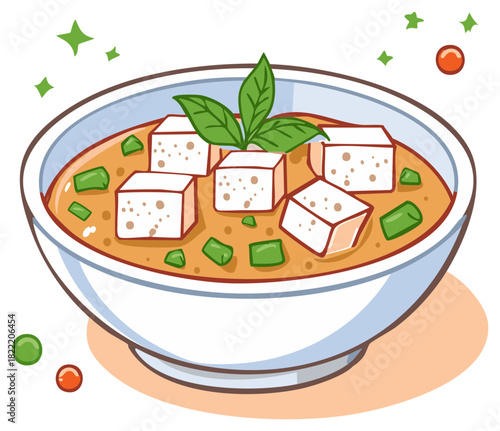 Stylized bowl of delicious miso soup with cubed tofu and green garnish