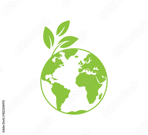 Green leaves grow from a stylized globe, symbolizing environmental protection and sustainable growth.