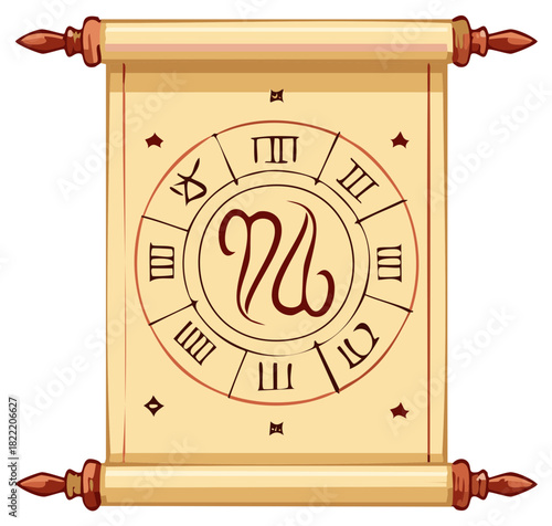 Cartoon scroll with Scorpio zodiac symbol and astrology clock face design