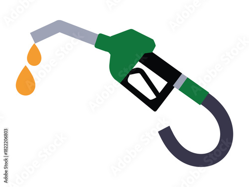 A green gas pump nozzle with fuel dripping from its spout against a white background.