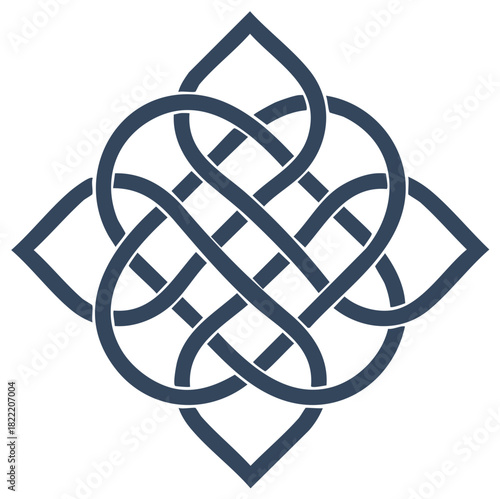 Symmetrical Celtic knot with woven interlaced lines and four points, a traditional eternal love symbol