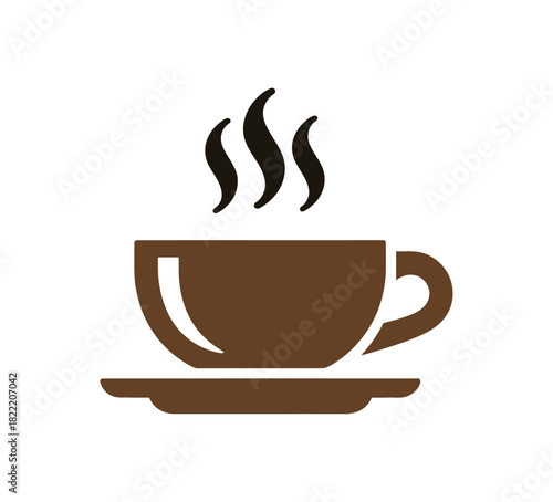 A brown cup and saucer with steaming hot coffee is depicted against a white background.