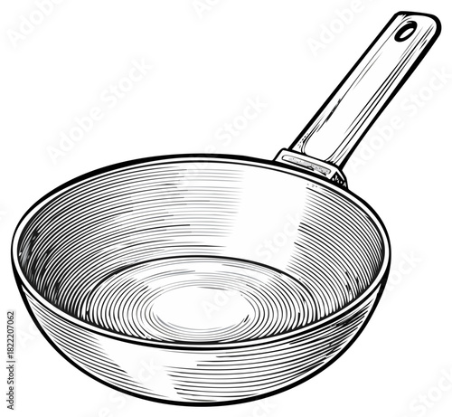 Engraved Frying Pan Illustration Kitchen Utensil Cooking Vessel for Food Preparation