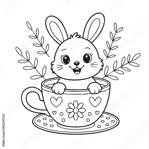 Cute cartoon bunny peeking out of a teacup with floral decorations and leaves rabbit saucer