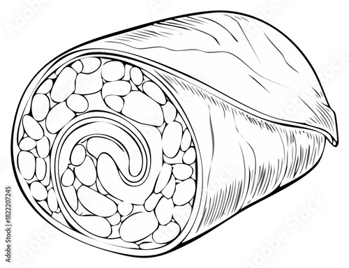 Line drawing of a rolled burrito or wrap with visible bean filling