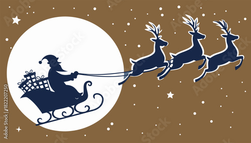 Santa claus flying sleigh with reindeer against the full moon