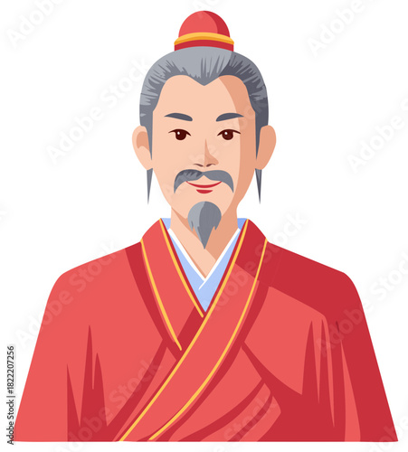 Cartoon illustration of a traditional wise man in red robe and traditional hairstyle