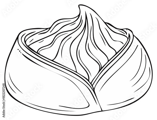 Illustration of a small dumpling featuring a round shape with a pleated top and thick outline