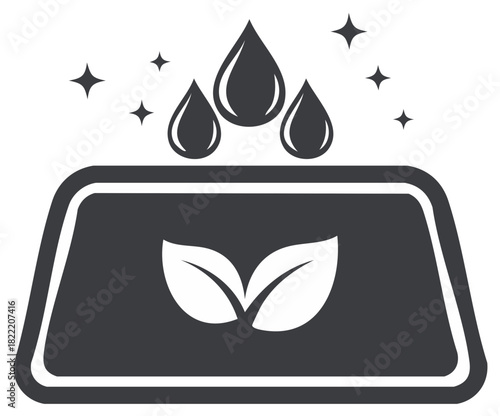 Clean surface with water drops and sparkles and green leaves icon