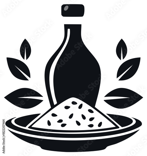 Stylized graphic icon of Asian food condiment bottle with rice grains and natural leaves on a dish