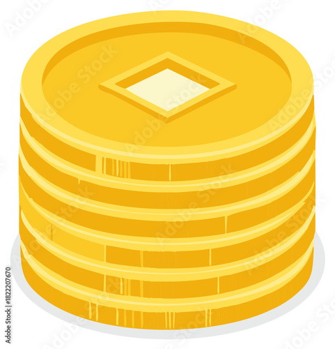Stack of ancient Chinese gold fortune coins isometric vector illustration
