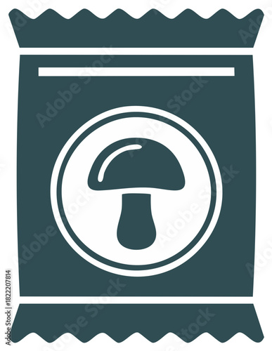 Mushroom icon on a food packaging snack bag with scalloped edges and white lines