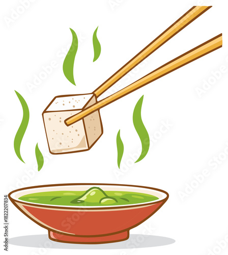 Tofu in Chopsticks Over Green Miso Soup Bowl, Asian Cuisine Cartoon Illustration