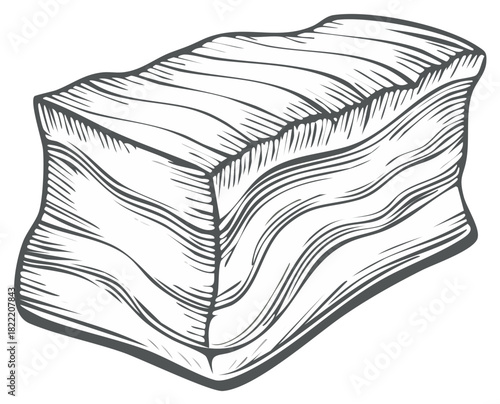Hand Drawn Illustration of Pork Belly Meat with Lines Texture in Cube Shape