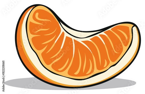 Single segment of a bright orange mandarin fruit with detailed pulp illustration