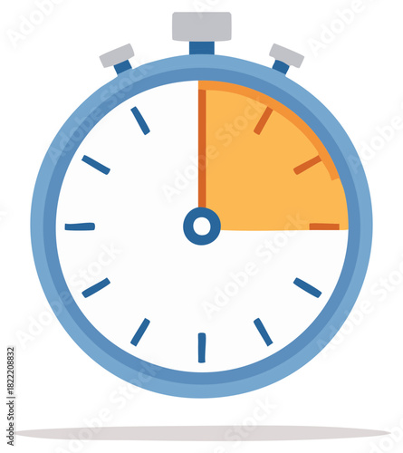 Stylized Time Limit Illustration, Quarter Time Done Graphic, Blue Framed Stopwatch with Yellow Quarter Section, Round Timepiece, Time Indicator