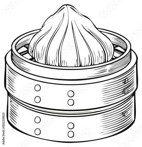 Traditional Asian Steamed Dumpling in Bamboo Dim Sum Steamer Basket