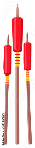 Three red firecrackers with pointed tops and yellow bands on wooden sticks