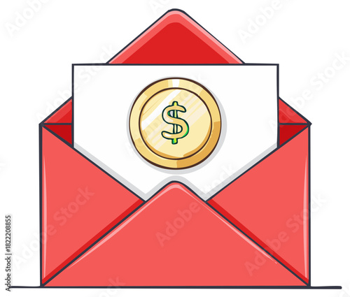 Dollar coin on a paper inside red envelope, financial concept