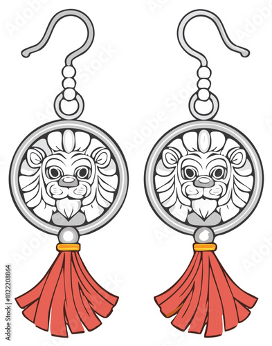Elegant silver earrings featuring lion design with red tassels costume jewelry fashion accessory ornate jewelry, earrings, vector illustration