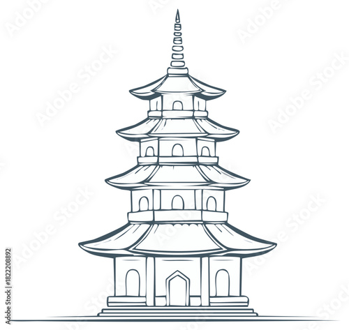 Hand-drawn illustration of a pagoda, a traditional East Asian building