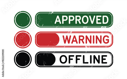 Illustration of three status indicators approved warning and offline in green red and black colors
