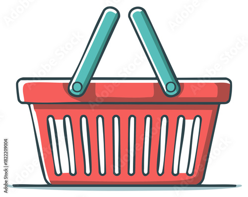 Vivid Red Shopping Basket Illustration with Blue Handles Grocery Shopping Cart Icon
