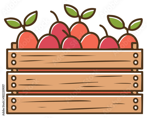 Fresh red fruits with green sprouts overflowing from a rustic wooden crate, vibrant harvest illustration