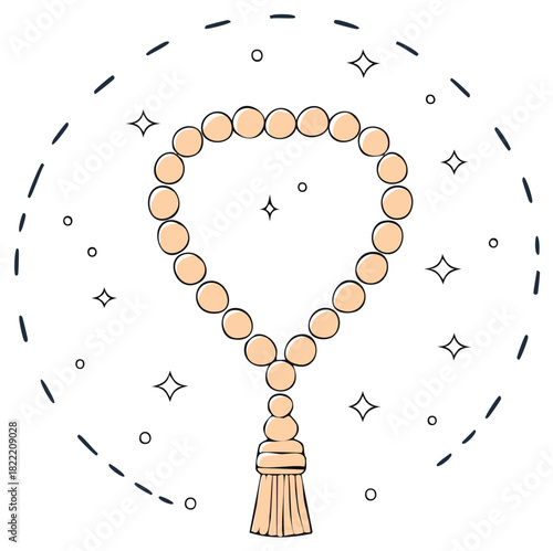 Hand Drawn Beige Prayer Beads with Circle and Stars Spiritual Islamic Rosary Illustration