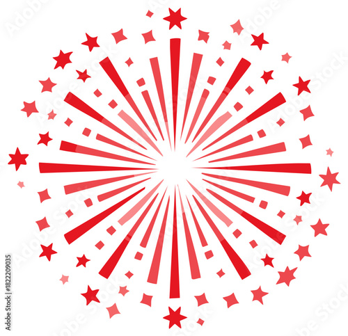 Red burst star design element with radiating lines and star shapes